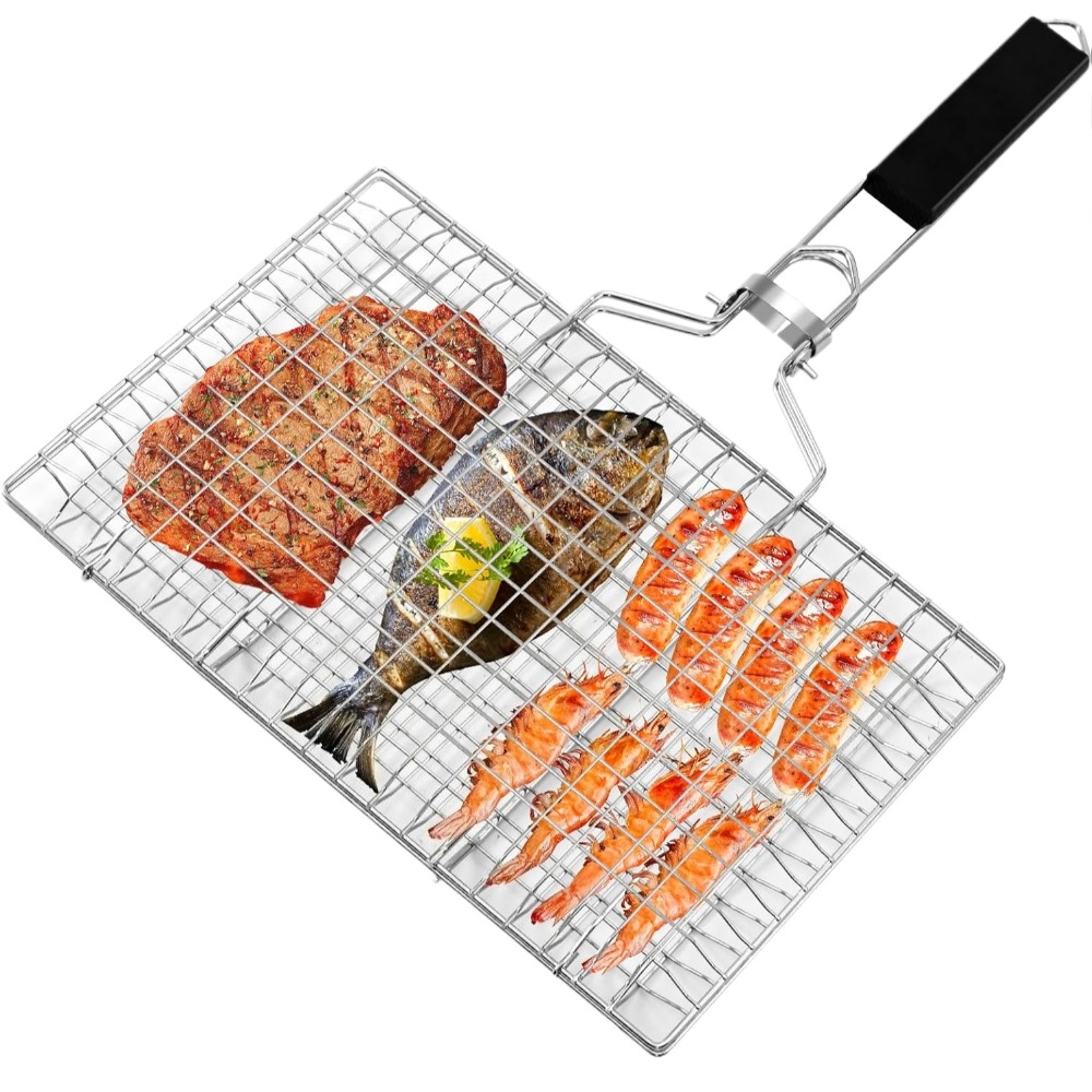 Camping Cooking Basket - Tragbarer Grillkorb, zusammenklappbar, Fischgrill-BBQ-Rack aus Edelstahl