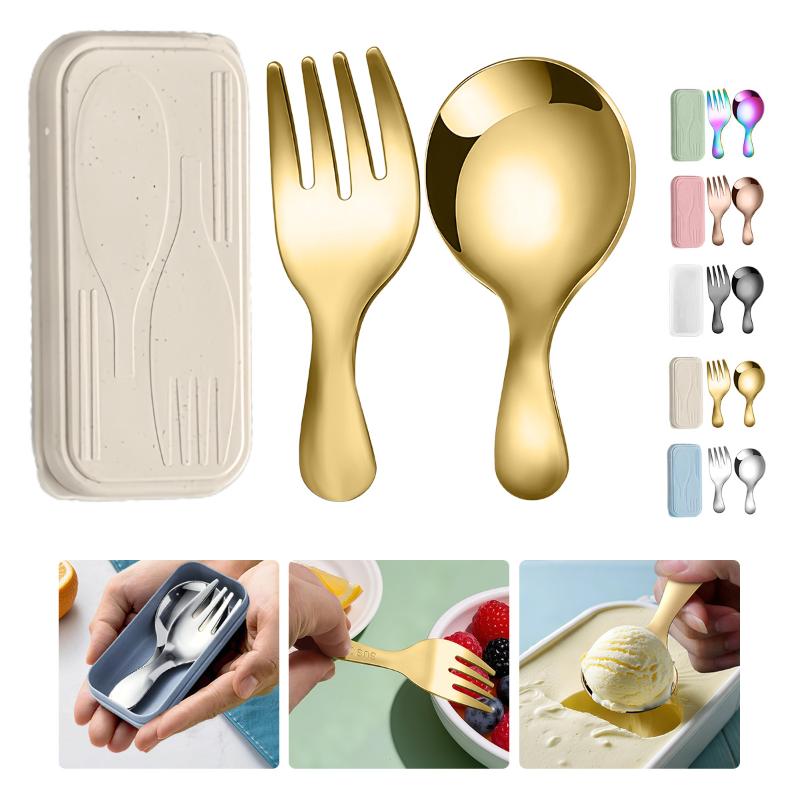 Camping With Cooking - Edelstahl-Geschirr-Set, Löffel, Gabel, 2-teilig, tragbar, mit