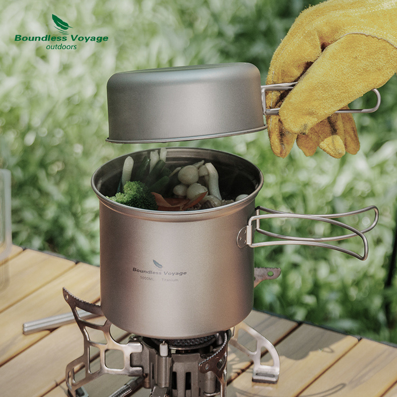 Camping Cooking Light - Reines Titan Faltbarer Kochtopf + Bratpfannen-Set,
