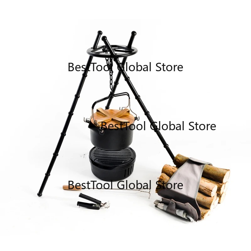 Camping Cooking One Pot - Multifunktionales Camping-Kochgeschirr-Set Outdoor-Kochbrett, Feuerpfannen, Topf, Backutensilien